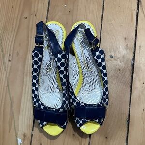 Poetic License Navy Polka Dot Slingback Flats with Yellow Toe